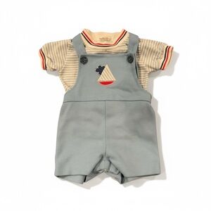 Vintage Healthtex Baby Blue Sailboat Short Overalls & T Shirt 18 months
